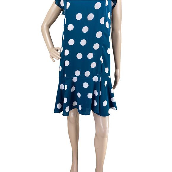 Loft MP Teal Polka Dot Ruffle Hem Shift Dress Sleeveless Petite M Modest - Picture 3 of 7